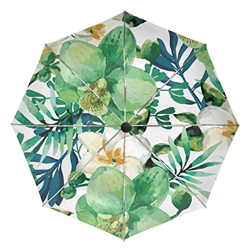 Parapluie d'art feuilles vertes pliable et automatique avec structure haut de gamme incassable