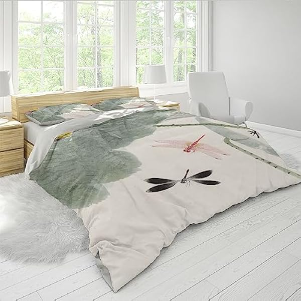 LOTIKS Dragonfly Lotus Leaf Bedrukte dekbedovertrekset in Chinese stijl 1 dekbedovertrek 2 kussenslopen voelen superzacht aan, comfortabel 140 x 190 cm