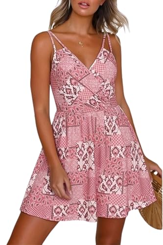 Image of ECOWISH Summer Dresses for Women 2026 V-Neck Spaghetti Strap Bowknot Backless Sleeveless Lace Mini Swing Skater Dress