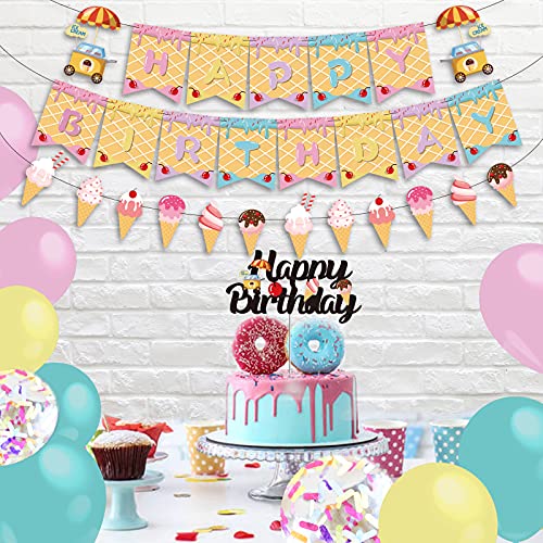 Erprobeen Ice Cream Theme Party Supplies - Ice Cream Themed Happy Birthday Banner Cake Topper 12” Color Confetti Balloons For Kids Girls School Summer Holiday Birthday Party Baby Shower Decorations #TOP4