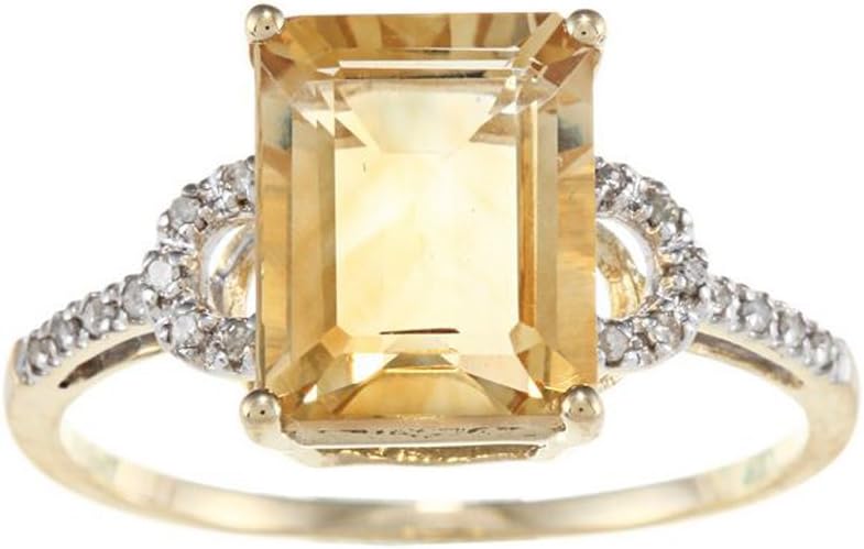 10k Yellow Gold Emerald-Shape Citrine and Diamond Ring