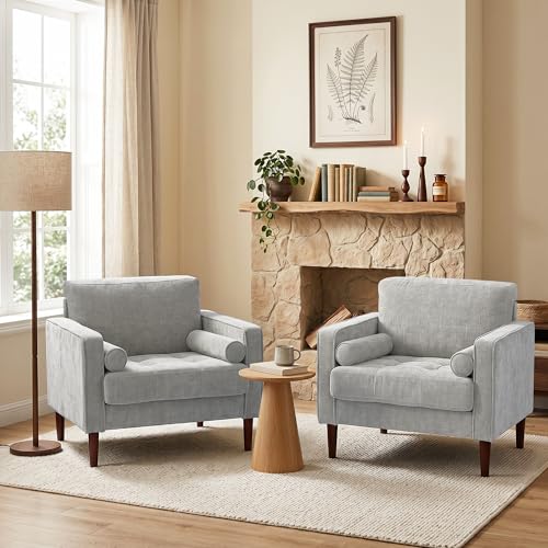 Image of Accent Chairs Stet of 2, Chenille Upholstered Armchairs for Living Room, Comfy Single Sofa Bedroom Reading Seat with 2 Bolster Pillows, Light Gray