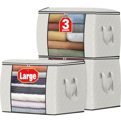 Image of Fab totes 24 Gallons Clothes Storage, Foldable Thick Fabric Blanket Storage Bags, Containers for Organizing Bedroom, Closet, Clothing, Comforter, Organization with Handle (3 Pack,Ivory)