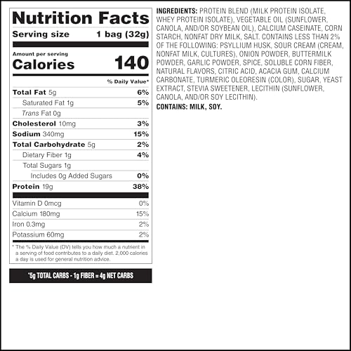 Image of Quest Nutrition Sour Cream & Onion Protein Chips, 19g Protein, 4g Net Carbs, Low Carb, Gluten Free, 1.1 oz, 4 count (Pack of 8)