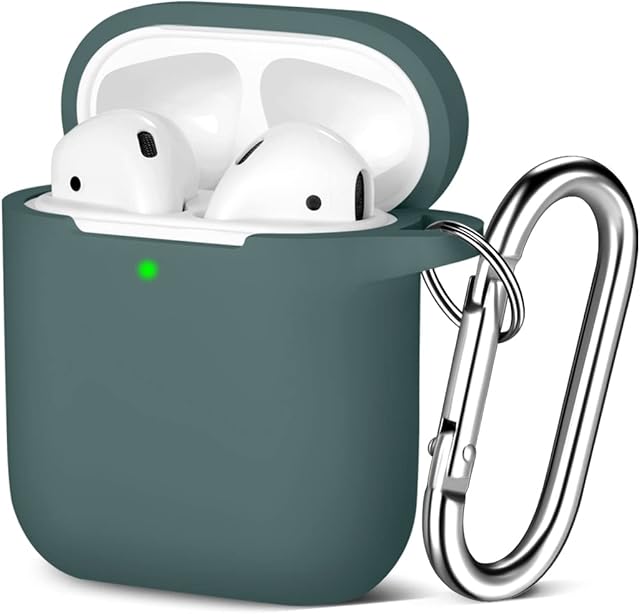Maledan Compatible with Airpods Case 2 & 1, Silicone Shockproof Protective Airpod Skin Cover, Waterproof [Front LED Visible] Support Wireless Charging with Carabiner, Pine Green