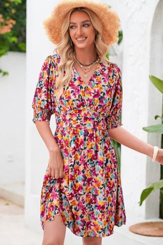 Image of Dokotoo Summer Dresses for Women 2025 Sexy Wrap V Neck Short Puff Sleeve Elegant Floral Smocked Waist Flowy Mini Dress