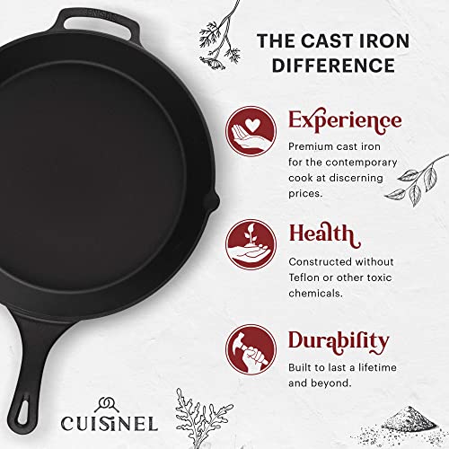 Image of Cast Iron Skillet + Pan Scraper - 15 inch-Inch Pre-seasoned Frying Pan + Heat-Resistant Silicone Handle Grip - Oven-Safe Kitchen Cookware - Indoor /Outdoor Use - Camping, Grilling, BBQ, Open Fire Safe