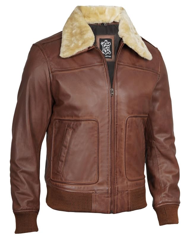 Image of Blingsoul Disc Temp Shearling Collar Leather Jacket for Men | [1129217] Garrett Cognac, 3XL