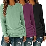 YGOODM Camisetas de manga larga para mujer, con cuello redondo, básicas, camisetas casuales de primavera, Paquete de 3, verde, vino y negro, M