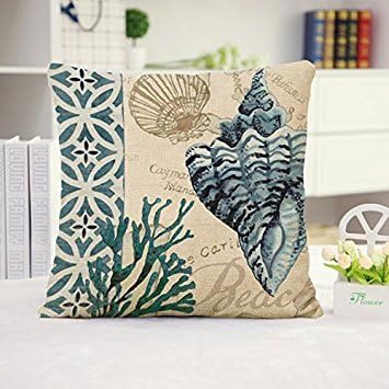 Ocean Park Theme Throw Pillow Case, Sea Turtle Octopus Fishes Retro Cotton Linen Square Decorative Cushion Cover Pillowcase Blue Ocean Series Sea 45x45CM (Beach 10, 18" x 18")