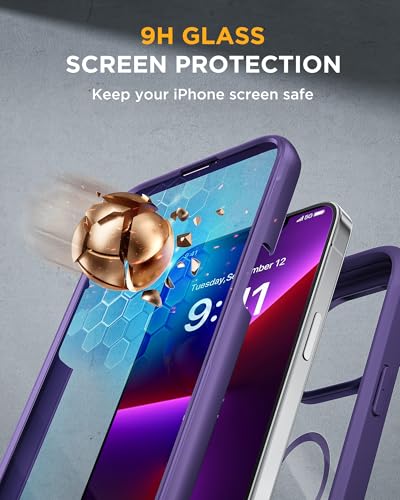 Image of Miracase Magnetic for iPhone 13 Pro Max Case 6.7 inch, (Compatible with MagSafe) Upgrade Full-Body Clear Phone Bumper Case with Built-in 9H Tempered Glass Screen Protector, Magnetic Purple