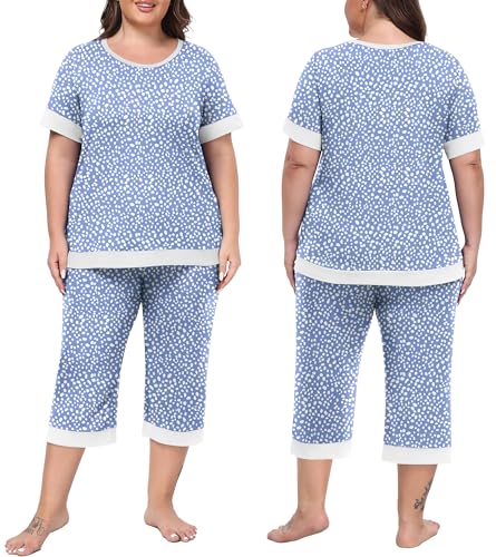 PrinStory Women's Pajama Set Short Sleeve Shirt and Capri Pants Sleepwear Pjs Sets Lounge Set3
