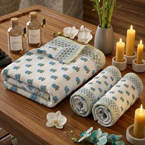 Image of Mafatlal Madhuban Hand Printed Cotton Set (1 Bath 147x76 cm + 2 Hand 76x38 cm) | 250 GSM | Quick Dry & Soft | Feather White Color