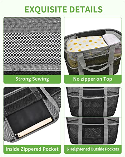 May Tree Extra Large Mesh Beach Bag With Multiple Pockets, Beach Tote Bag Ideal For Your Family Beach Trip, Lightweight Beach Accessories For Vacation Camping Picnic - Black Woven Thread #TOP2