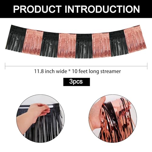 Image of BEISHIDA 3 Packs Metallic Foil Fringe Garland Black Rose Wall Hanging Tinsel Fringe Banners for Car Floats Bridal Shower Wedding Birthday Graduation Holiday Party Decoration(30 Feet)