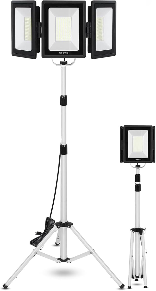 UFOND 21000LM LED Work Light with Stand, Foldable Worklight 3 Brightness | Telescoping Tripod 10Ft Cord, Waterproof Job Site Light, for Garage Construction Courtyard