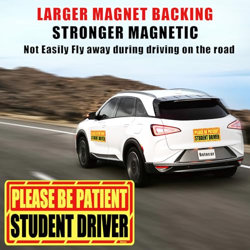 Image of Student Driver Car Magnet, 2 Pack Super Large Please Be Patient Student Driver Signs for Car, Reflective New Driver Vehicle Bumper Magnetic Sticker, Novice Driver Safety Warning Sign, 12x6in