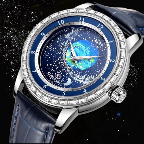 Image of FORSINING Watches for Men Rhinestone Inlay Rotational Starry Sky Moon Phase Mechanical Automatic Watch Waterproof for Business Leather Wristwatch