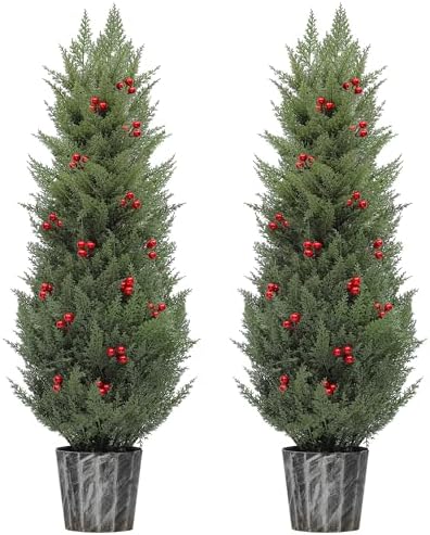 4FT Artificial Cedar Topiary Trees (Set Of 2) – UV Resistant Fake Outdoor Plants With Ground Spikes For Porch, Garden, Privacy