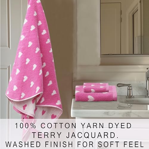 Image of ORIGINAL KIDS 6 Piece Towel Set - Bath Time Hearts - 2 Bath Towels, 2 Hand Towels, 2 Washcloths - 100% Cotton Jacquard Colorful Soft Absorbent Pool Beach Kids Towel Gift - Pink White