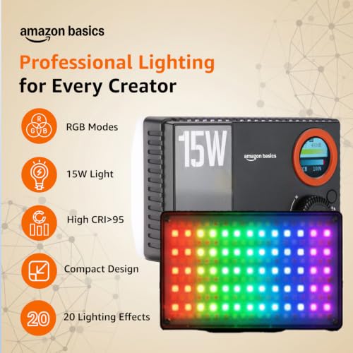Image of Amazon Basics RGB Pocket Fill Light 15W Portable LED Camera Light, 1800-9000K Bi-Color & Full RGB, 2600mAh Rechargeable On-Camera Video Light with Type-C Charging for Photography, Vlogging, Streaming