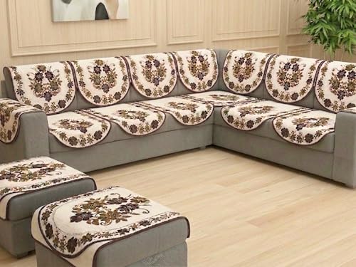 Image of Fab Nation Sofa Cover L Shape 7 Seater with Corner L Type Sofa Set for Living Room | Cotton Sofa Slipcovers for 4 + 3 Seaters Cover with 2 Arms + 2 Setty Covers | Floral Brown