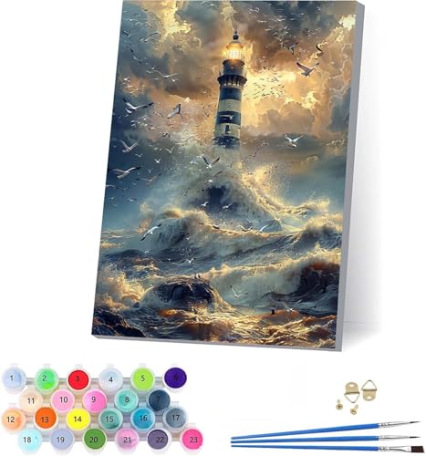 数字油絵 灯台 大人用 DIY ペイントバイナンバー 日没 手塗り 絵 デジタル油絵セット ブラシとアクリル絵具付き 数字塗り絵 大人のクラフトアクティビティ Paint by Numbers ホーム オフィス装飾 誕生日プレゼント女性 30x40cm D