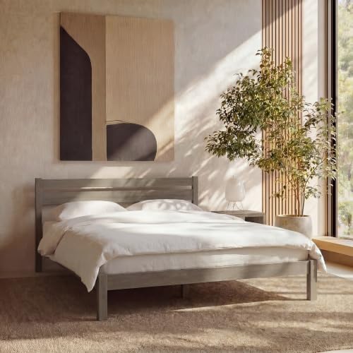 Image of LIFEMENT Full Bed Frame with Headboard Classic Wood Platform, Noise Free, Under Bed Storage, No Box Spring Needed, Easy Assembly, Gray