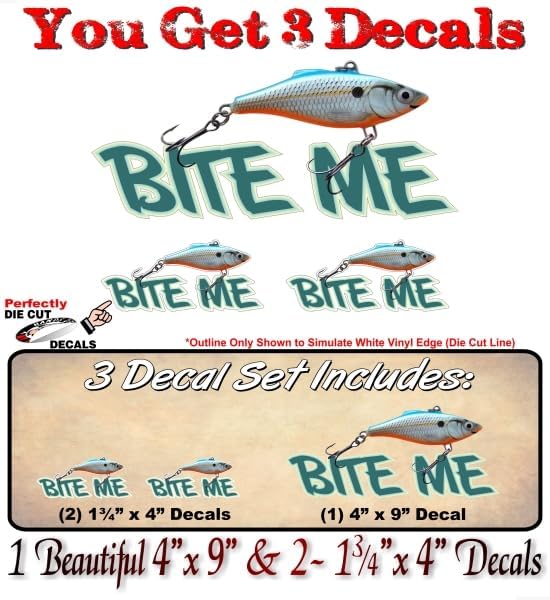 3 BITE ME Fishing Lure Vinyl Stickers Decals for Truck Boat or Fishing Tackle Box Lures Reels Case (3 Decal Set