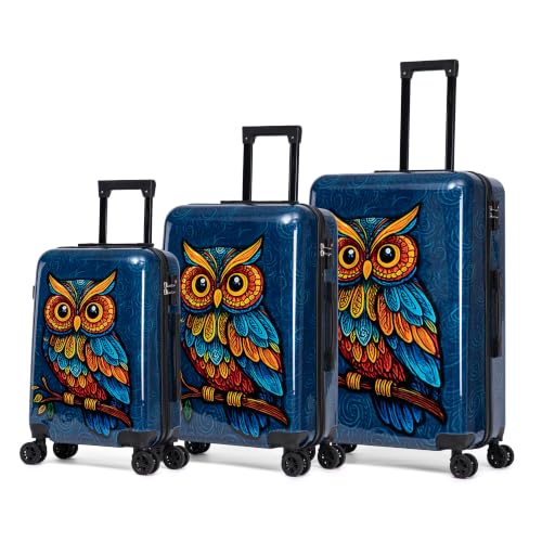 Image of InUSA Owl Print 3 Piece Hardside Spinner Luggage Set 20 /24 /28in. TSA Lock