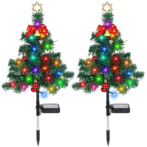 Baquler 2 Pcs Solar Christmas Tree Garden Stake Lights Outdoor Christmas Tree Yard Decorations Multicolor Solar Stakes for Pathway Lawn Patio Xmas Ornament (Vibrant Style)