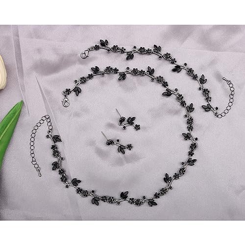 Brides Bridesmaid Flower Leaf Choker Necklace Dangle Earrings Link Bracelet Austrian Crystal Wedding Jewelry Set for Prom Costume Party Accessories for Woman(Black-Gun plated)3