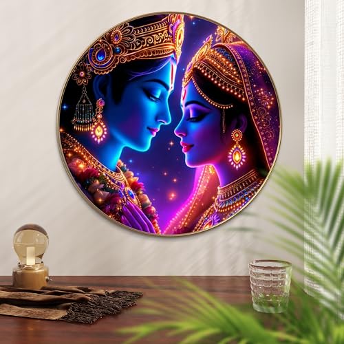 Image of Livin'luxe Radha Krishna Round Art Print with Golden Frame | Neon Glow HD Divine Art Print for Pooja Room Living Room Temple Decor (16x16 Inch) Art-GRM-202
