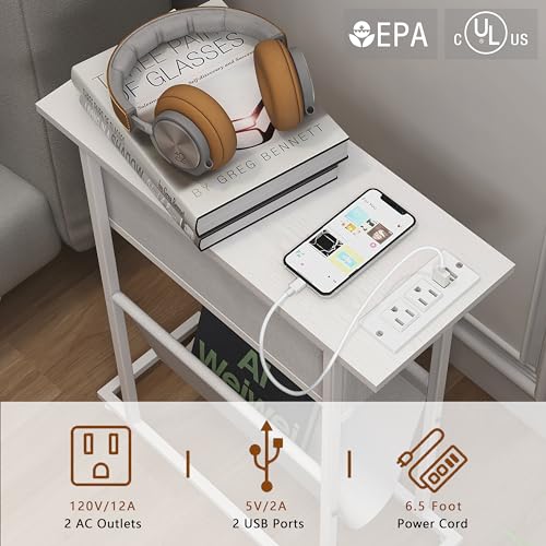 Image of EXOTICA Narrow Side Table for Small Spaces Slim White End Table with Magazine Holder Nightstand with Charging Station and Fabric Drawer 2 in 1 Design Sofa Side Table for Living Room Bedroom