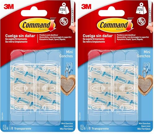 Command Mini Ganchos Transparentes para Colgar Decoración de Navidad y Luces Led - 6 Ganchos y 8 Tiras Adhesivas - Organizar Sin Dejar Marcas y Sin Taladrar (Paquete de 2)