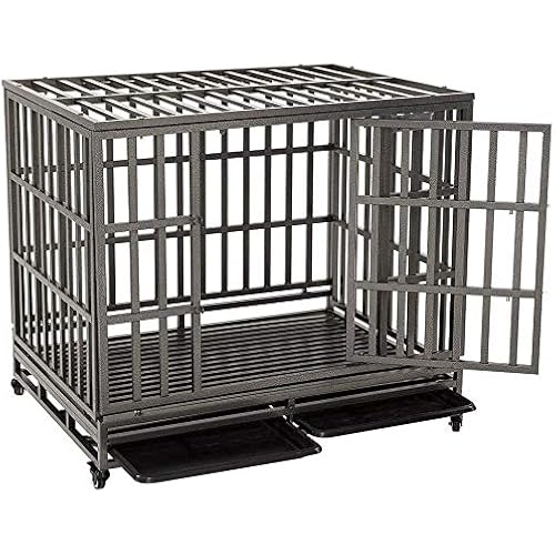 KELIXU 42" Heavy Duty Dog Crate Strong Metal Pet Kennel Playpen with Two Prevent Escape Lock, Large Dogs Cage with Four Wheels, Upgraded, Black