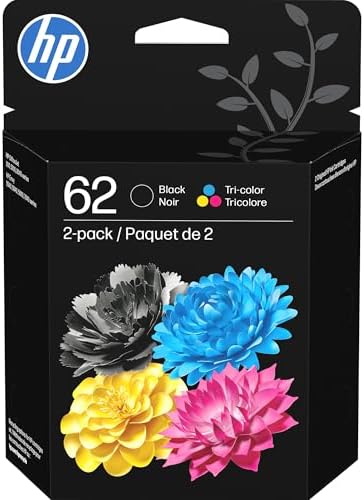 HP 62 Black/Tri-Color Ink Cartridges (2-Pack) | Works with Envy 5540, 5640, 5660, 7640, OfficeJet 5740, 8040, Mobile 200, 250 | N9H64FN | Packaging May Vary
