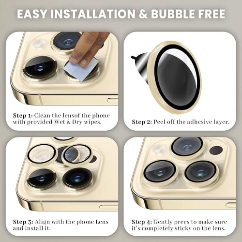 Image of ArmourPro Premium Camera Lens Protector Tempered Glass Compatible For iPhone 14 Pro Max and iPhone 14 Pro Tough HD Individual Aluminum Alloy Rings 9H Camera Cover , Scratch-Resistant,Camera Lens Protection| Gold