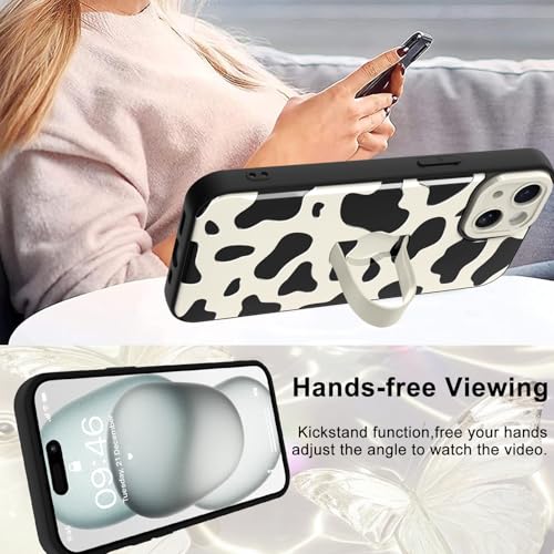 Image of for iPhone 15 Case with Finger Strap Holder, Cute Cool Cow Print Pattern Design for Women Men, Shockproof Anti Scratch Hand Kickstand Protective Cover, White