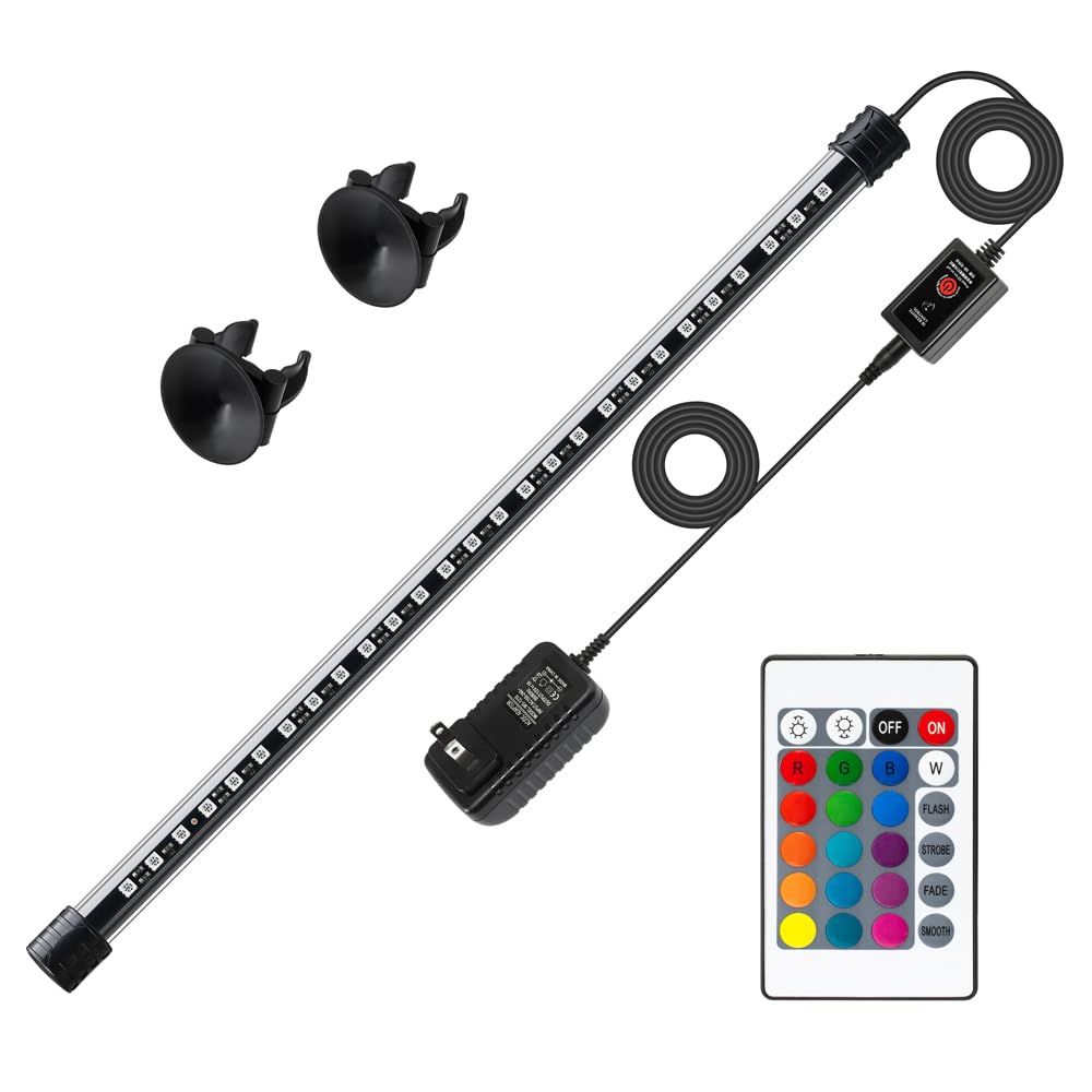 Luz LED para acuario con IP68 impermeable y función de memoria, luz sumergible para pecera con control remoto y 16 colores, 19 pulgadas de brillo ajustable, barra de luz subacuática para
