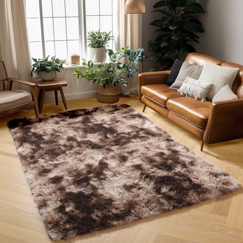 Amdrebio Tie-Dyed Brown Rugs for Bedroom Living Room, 5x7 Fluffy Shaggy Plush Area Rugs for Kids Room Decor Aesthetic, Fuzzy Furry Floor Thick Carpet for Classroom Playroom Preppy Dorm Baby Nursery