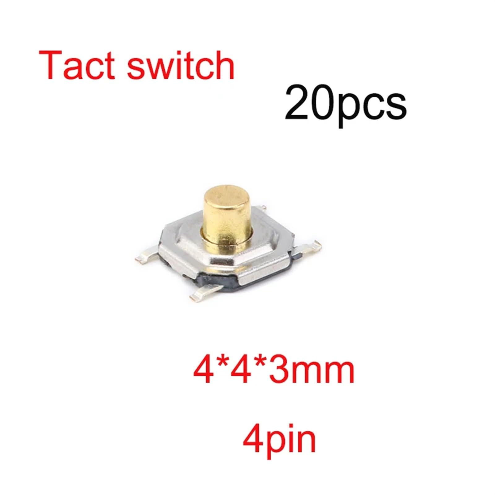 Lot de 20 micro-interrupteurs tactiles 4 x 4 x 3 mm, 4 x 4 x 3, 4 broches/pieds SMD