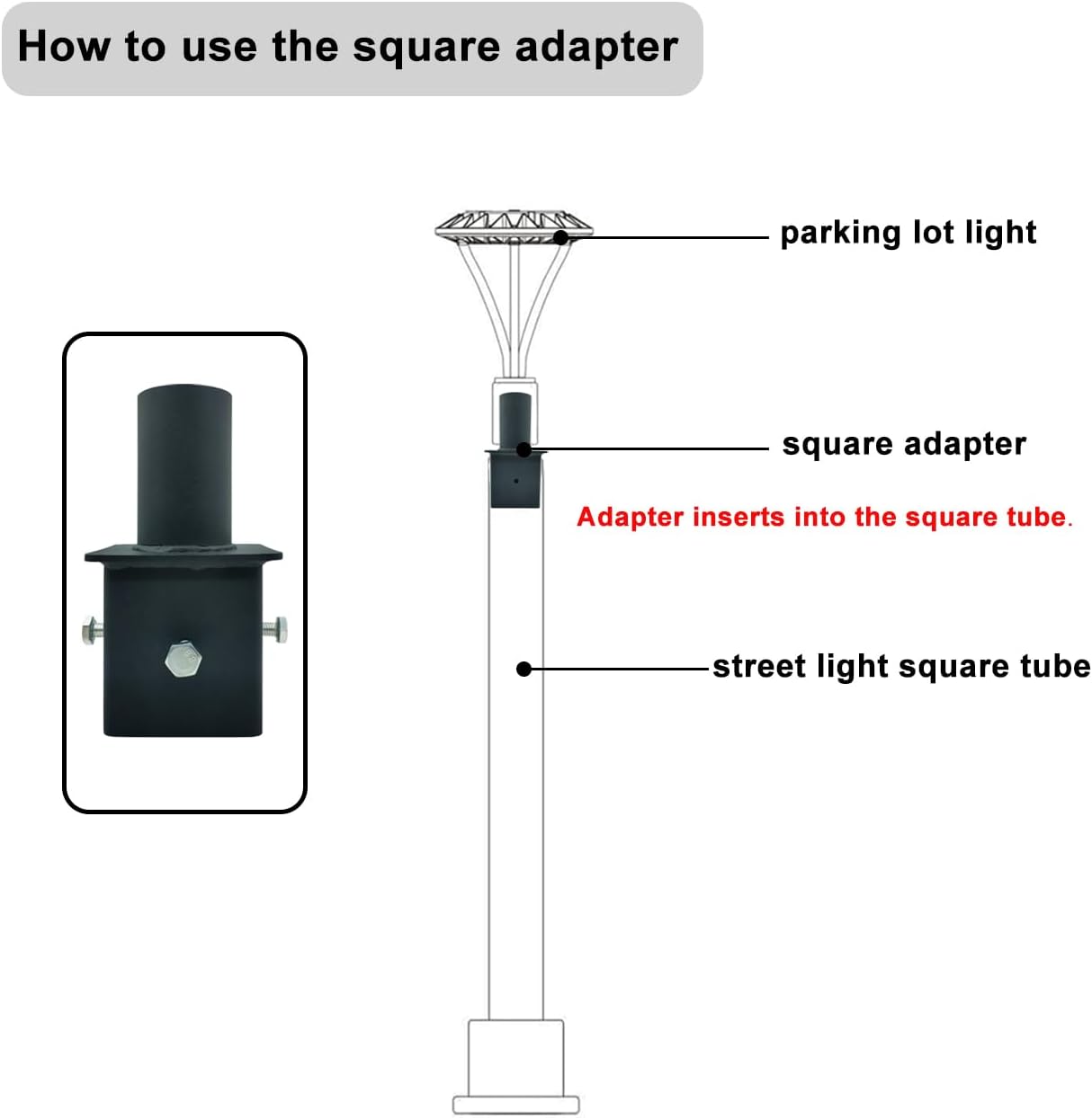 Light Pole Tenon Adapter for 4 Inch Square Pole, Metal 3.5" Square Slip Fitter Adapter with 2 3/8 Round Adaptor for Parking Lot Light, Outdoor Mount Bracket, Street Lights (4" Square Tenon Adapter)