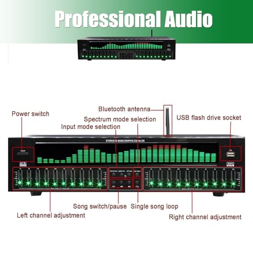 Égaliseur graphique stéréo 31 bandes professionnel avec analyseur de spectre musical LED, 12 modes de rythme, réduction automatique du bruit pour studio d'enregistrement