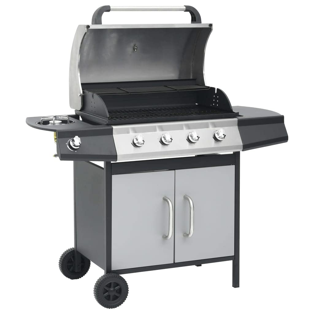 Barbecue a gas 4+1 con fornello laterale e cappa, in acciaio inox, per giardino e terrazza, 13,9 kW, con termometro, nero/argento
