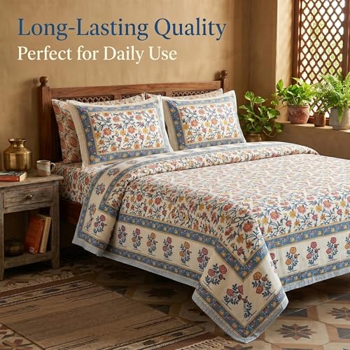 Image of Mafatlal 144 TC Heritage 100% Cotton Bedsheet for Double Bed & Queen Size Bed with 2 Pillow Covers(90x108 inches), Jaipuri Rajasthani Design, Extra Soft & Wrinkle Free| Vivid Multicolor