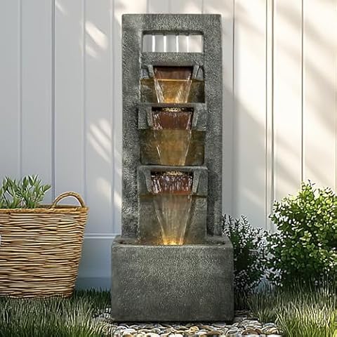 ourrco 40" H Concrete Modern Water Fountain for Indoor/Outdoor Tiers Water Fountain w/LED Lights Cascading Waterfall Features for Home Garden Backyard Decor Cover