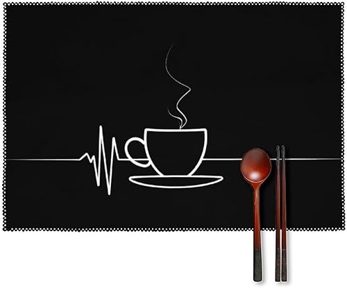 Funny Heartbeat Coffee Cup Placemats Set of 6 Resistant Table Mats Washable Place Mats for Dinner Party Table Decoration