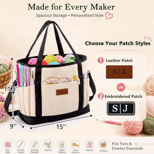 Image of Personalized Crochet Bag with Custom Leather Patch or Embroidered Name, Canvas Knitting Tote for Yarn Storage, Crochet Organizer with Multiple Pockets, Custom Gift for Crocheters & Knitters