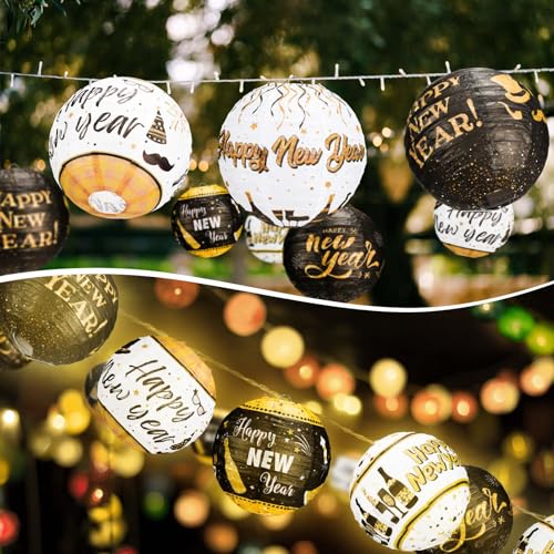 Image of Panelee 12 Pcs 2026 New Year Paper Lanterns Party Decorations 8 Inch Black and Gold Hanging Round Paper Lanterns for Happy New Year Eve Party Indoor Outdoor Decorations Supplies